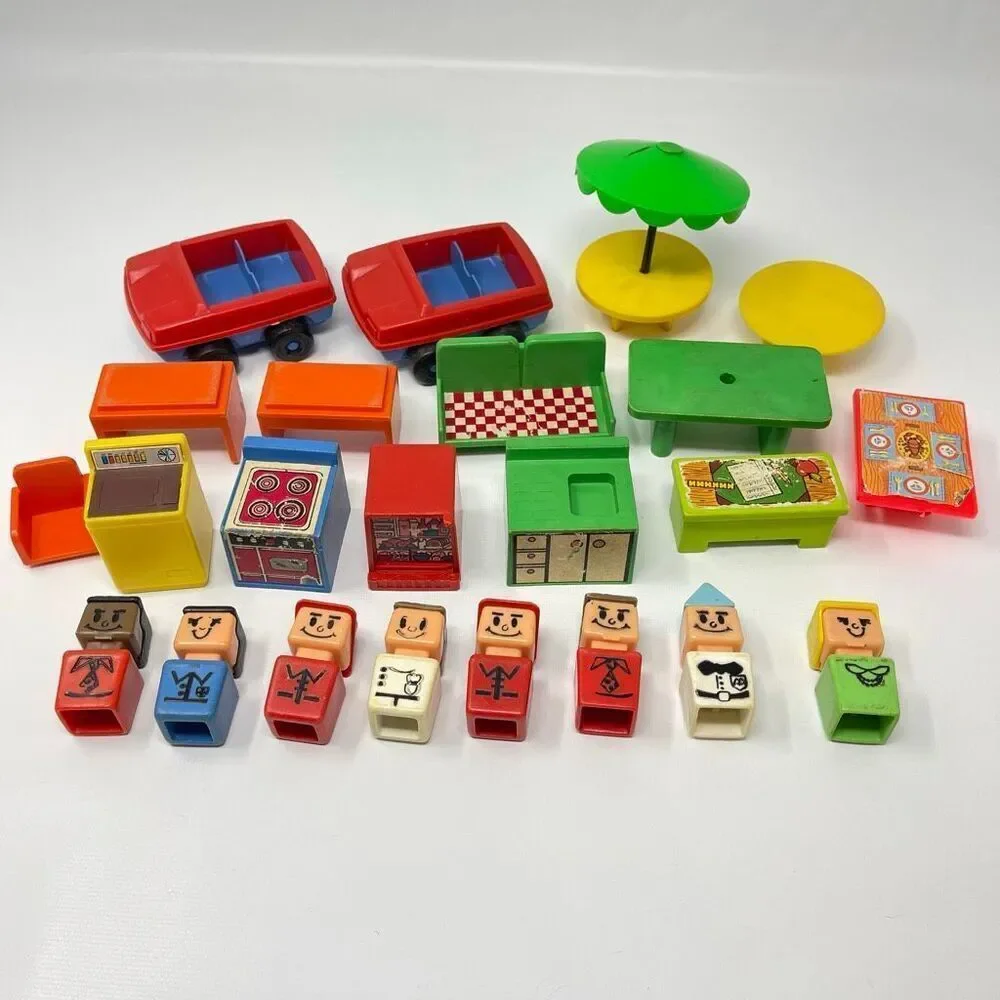 Vintage Playskool 1974 Blockhead Square Little People Familiar Places Lot 23 Pcs